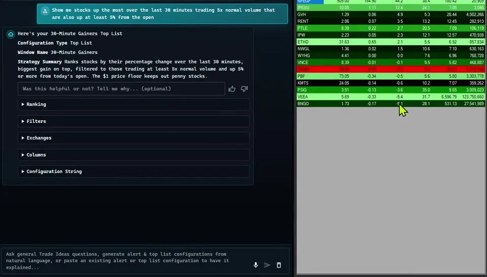 AI Assistant building a 30-minute gainers Top List from a plain-English request