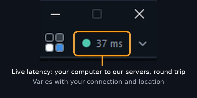 The right end of the TI Pro toolbar with a green dot and a latency reading of 37 ms, circled, labeled as the round trip from your computer to Trade Ideas servers
